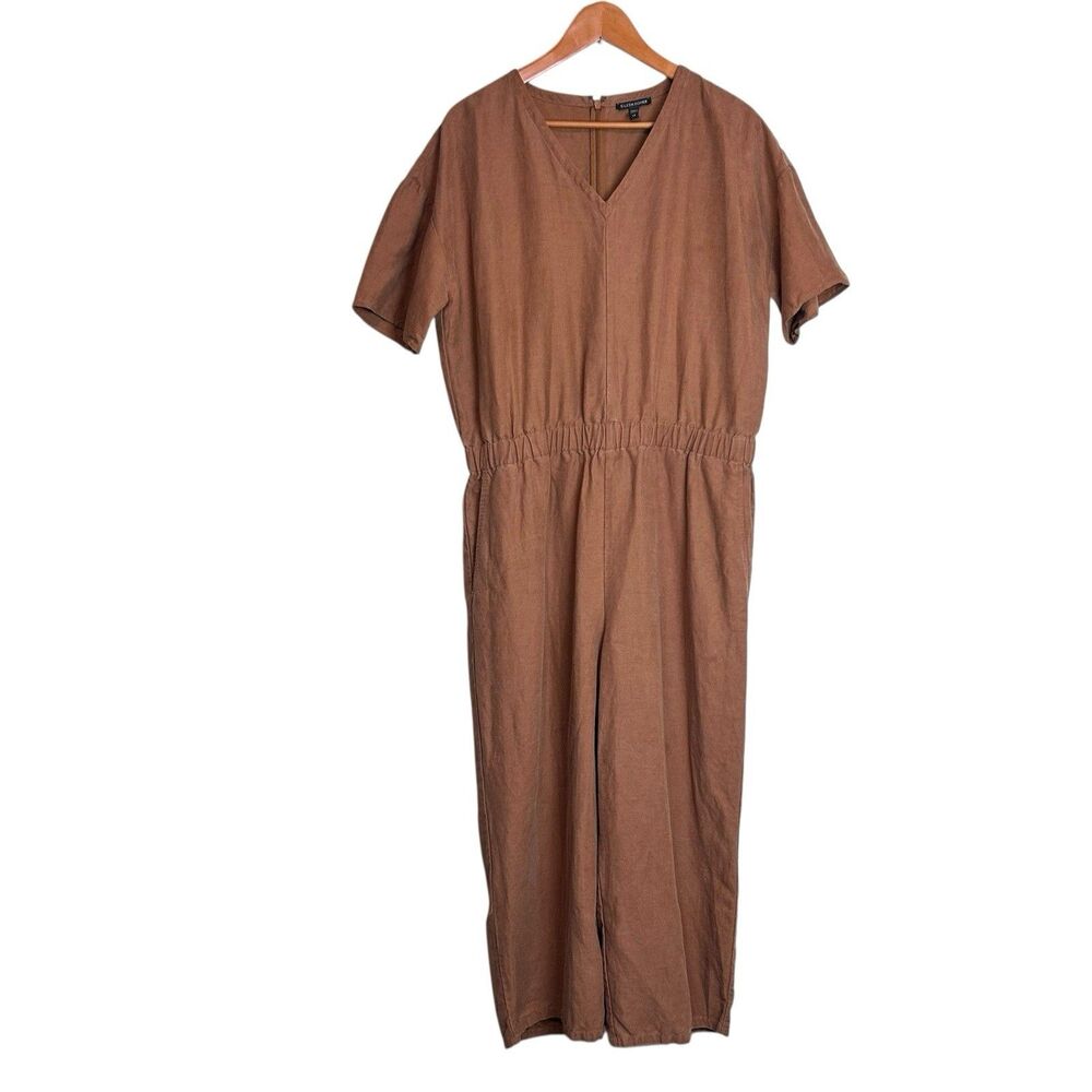 EILEEN FISHER TENCEL & Organic-Linen Short-Sleeve Jumpsuit Size Large Brown